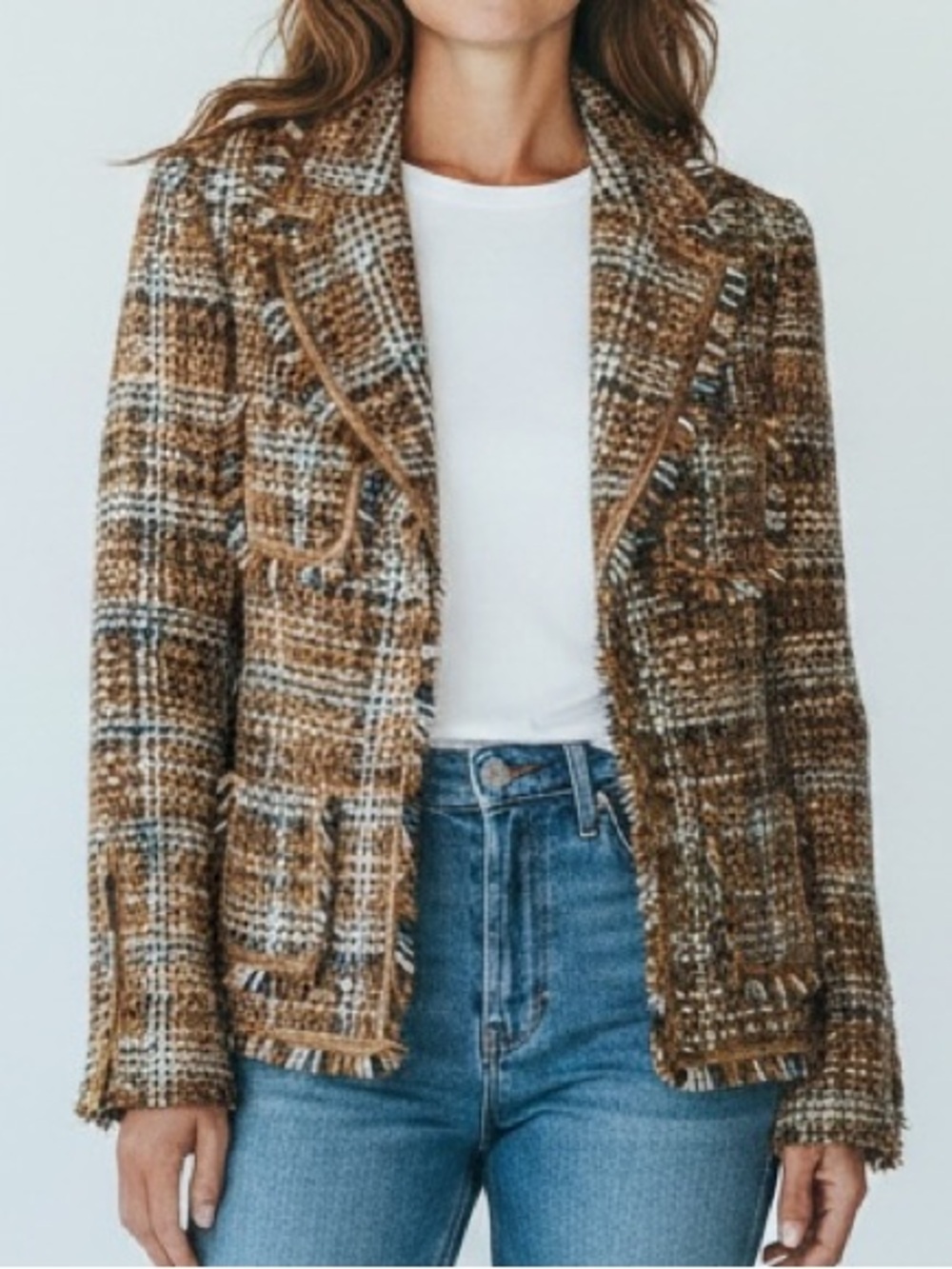 DANIELE O by TAHARI LEVINE Textured Brown Plaid Tweed Blazer Fringe Trim Size